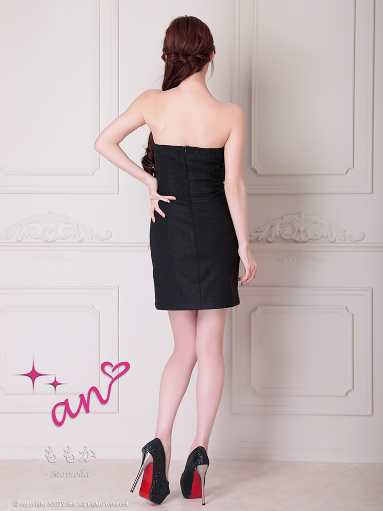 ベアトップ ジップデザイン ウエストカット リボン スリット タイトミニドレスの全身バック画像3
