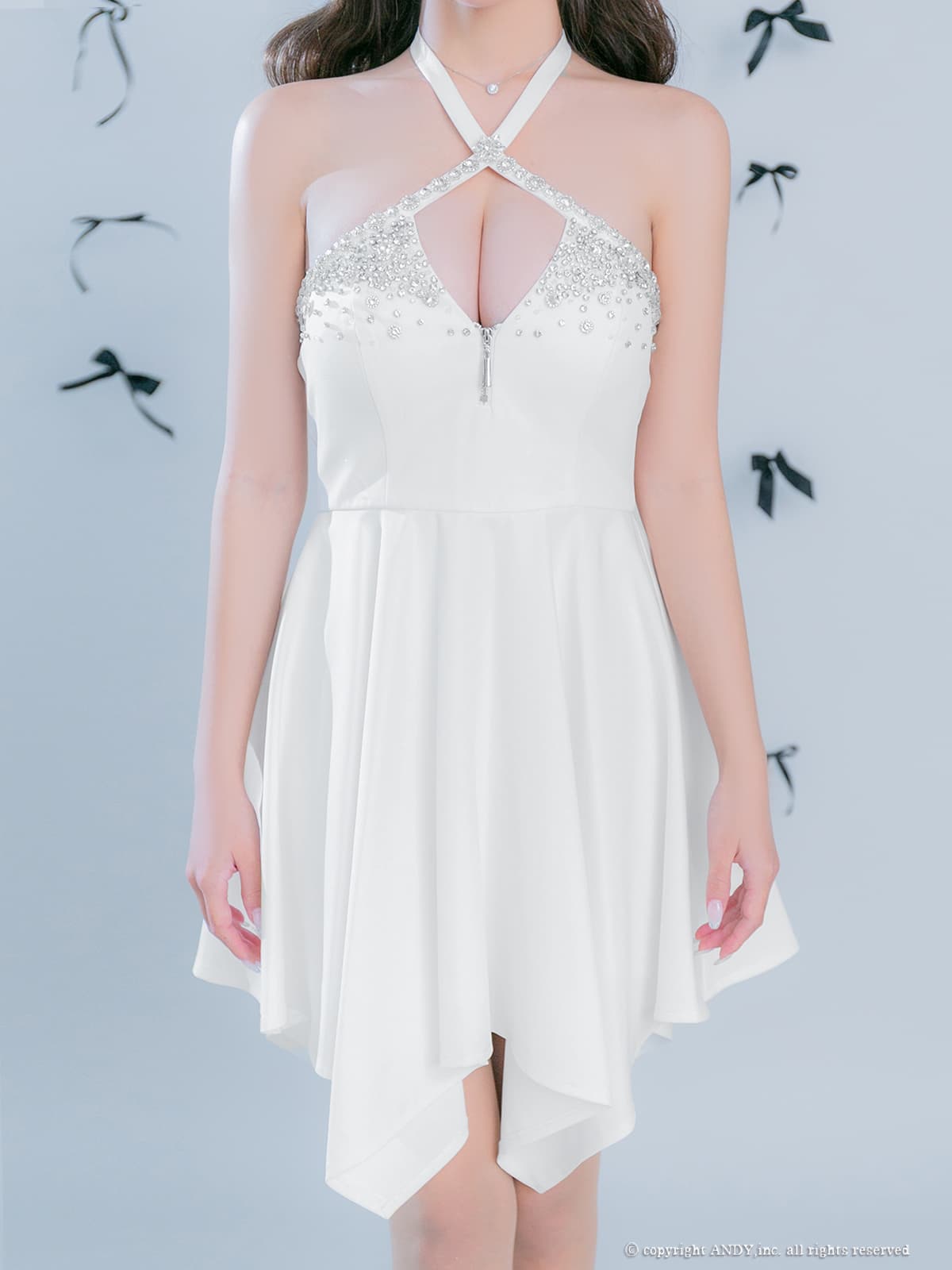 ホルターネック ジップデザイン ネックリボン バストカット ビジュー アシンメトリー フレアミニドレスの詳細画像1