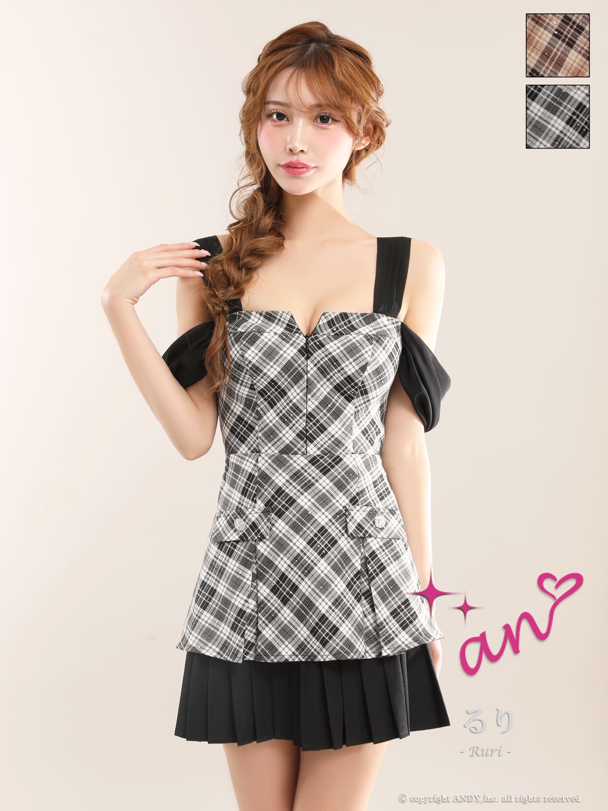 ノースリーブ オフショルダー 肩あき ベアトップ ジップデザイン チェック柄 バックカット リボン プリーツ フレアミニドレスのメイン画像2