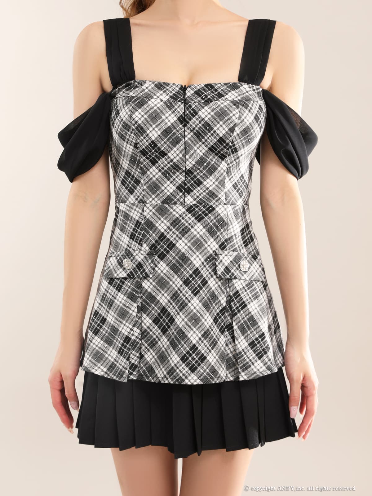ノースリーブ オフショルダー 肩あき ベアトップ ジップデザイン チェック柄 バックカット リボン プリーツ フレアミニドレスの詳細画像1