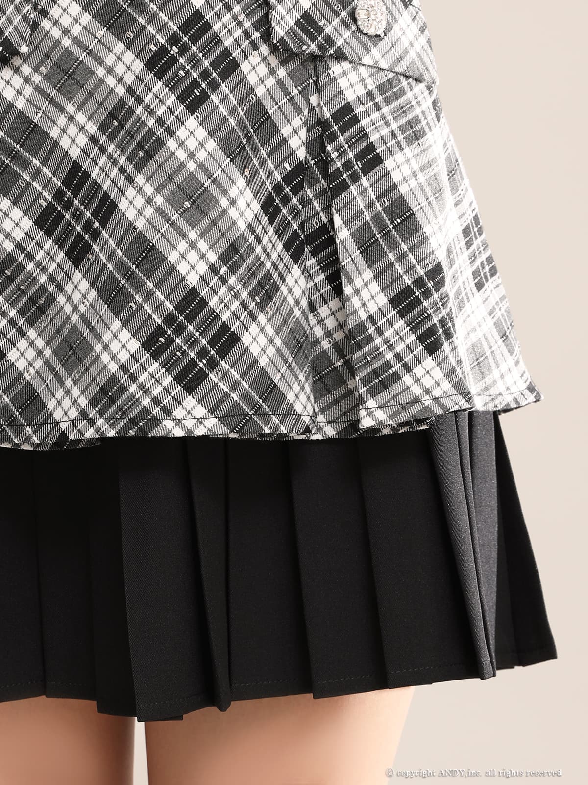 ノースリーブ オフショルダー 肩あき ベアトップ ジップデザイン チェック柄 バックカット リボン プリーツ フレアミニドレスの詳細画像2