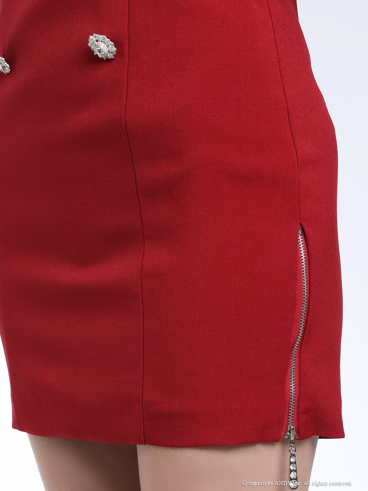 ベアトップ ジップデザイン スリット リボン風 ギャザー ビジュー ボタン タイトミニドレスの詳細画像1