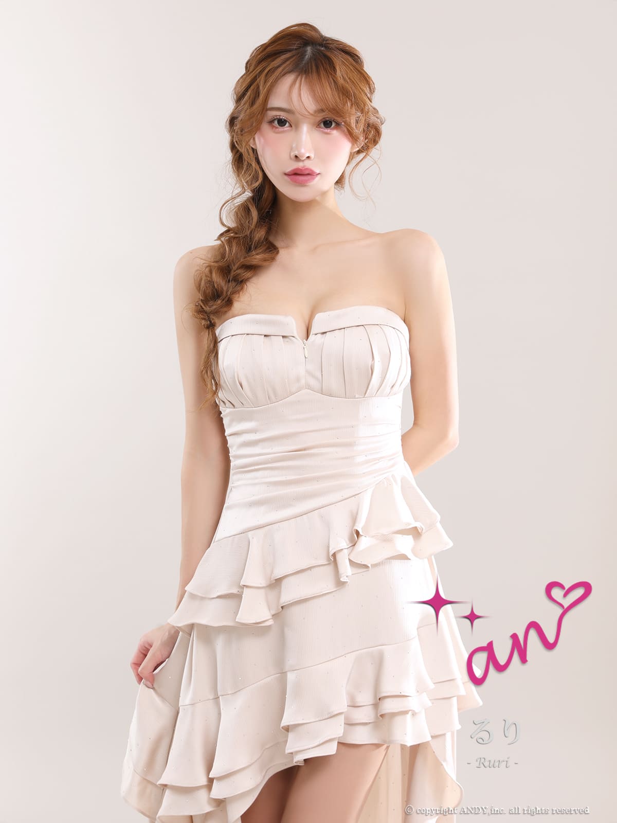 2way キャミソール ベアトップ ジップデザイン ビジュー ドット柄 フリル ティアード タック ロングテールドレスのメイン画像1