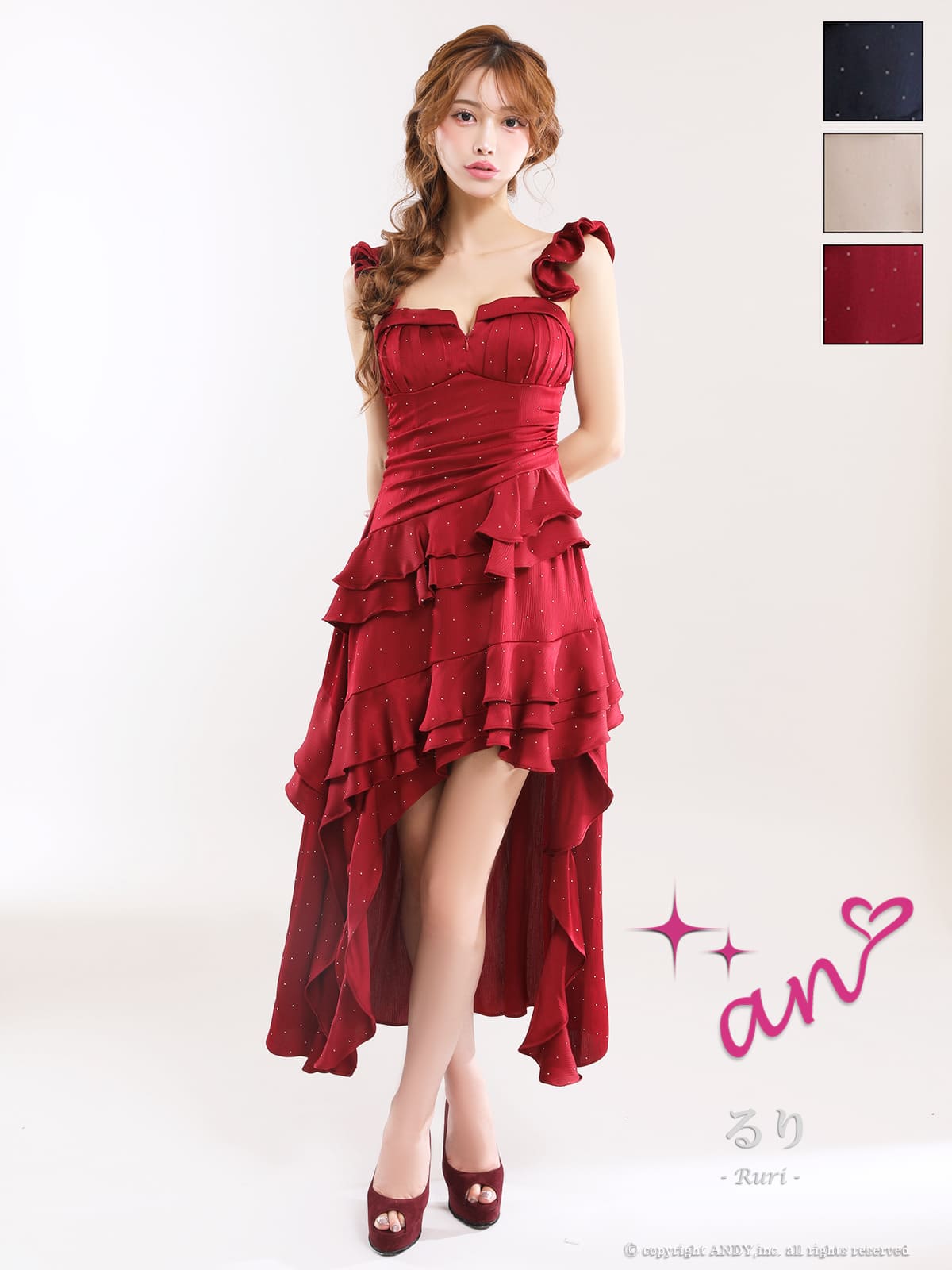 2way キャミソール ベアトップ ジップデザイン ビジュー ドット柄 フリル ティアード タック ロングテールドレスのメイン画像1