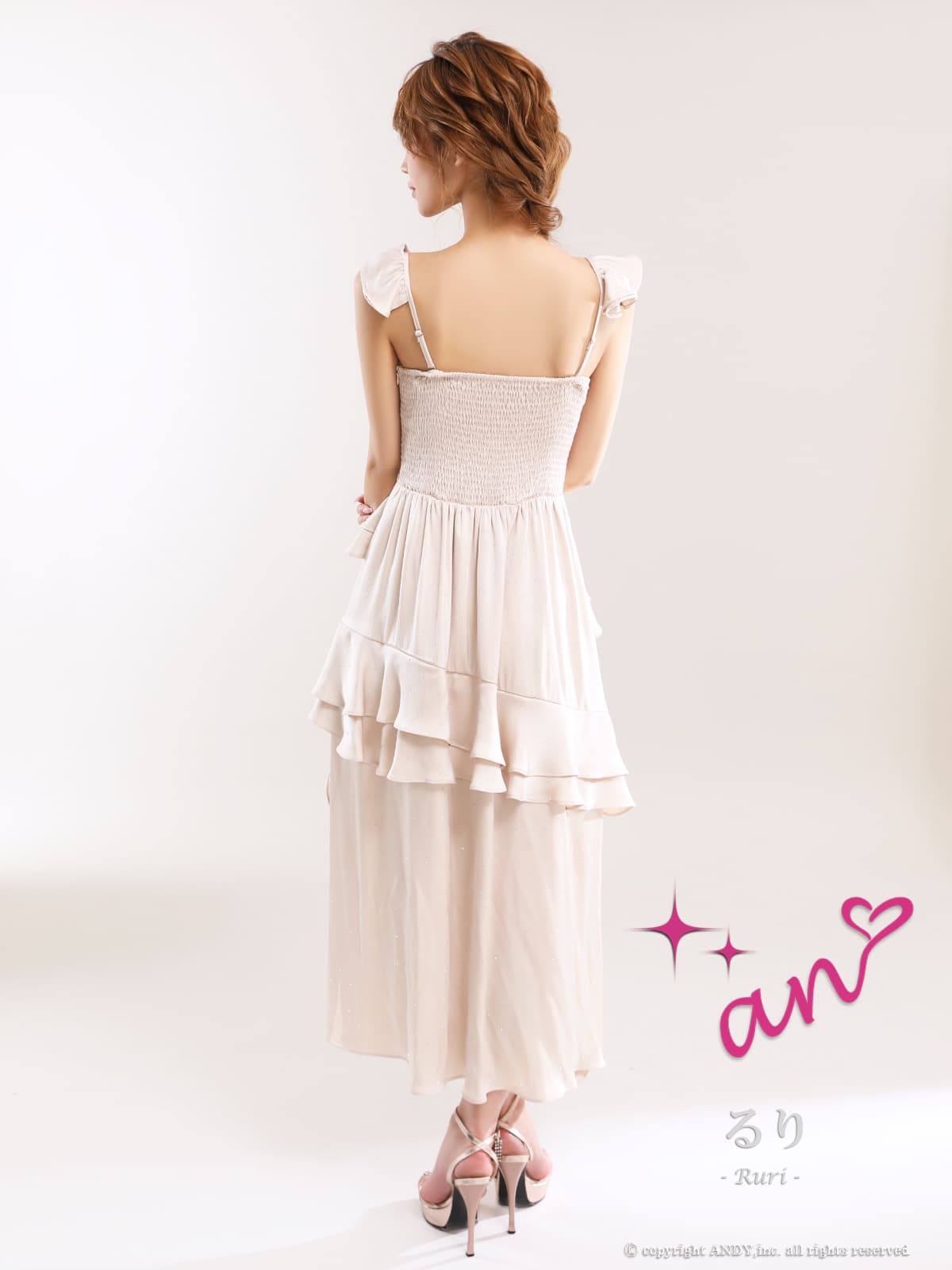 2way キャミソール ベアトップ ジップデザイン ビジュー ドット柄 フリル ティアード タック ロングテールドレスの詳細画像1