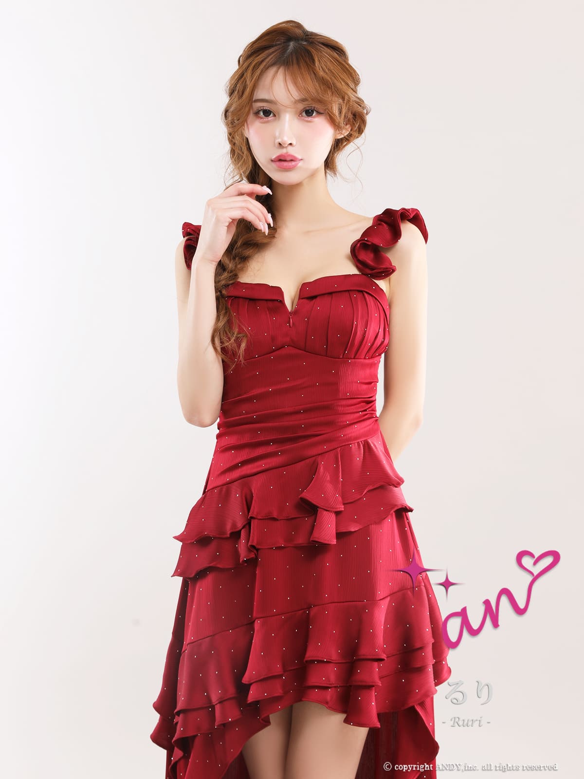 2way キャミソール ベアトップ ジップデザイン ビジュー ドット柄 フリル ティアード タック ロングテールドレスの詳細画像2