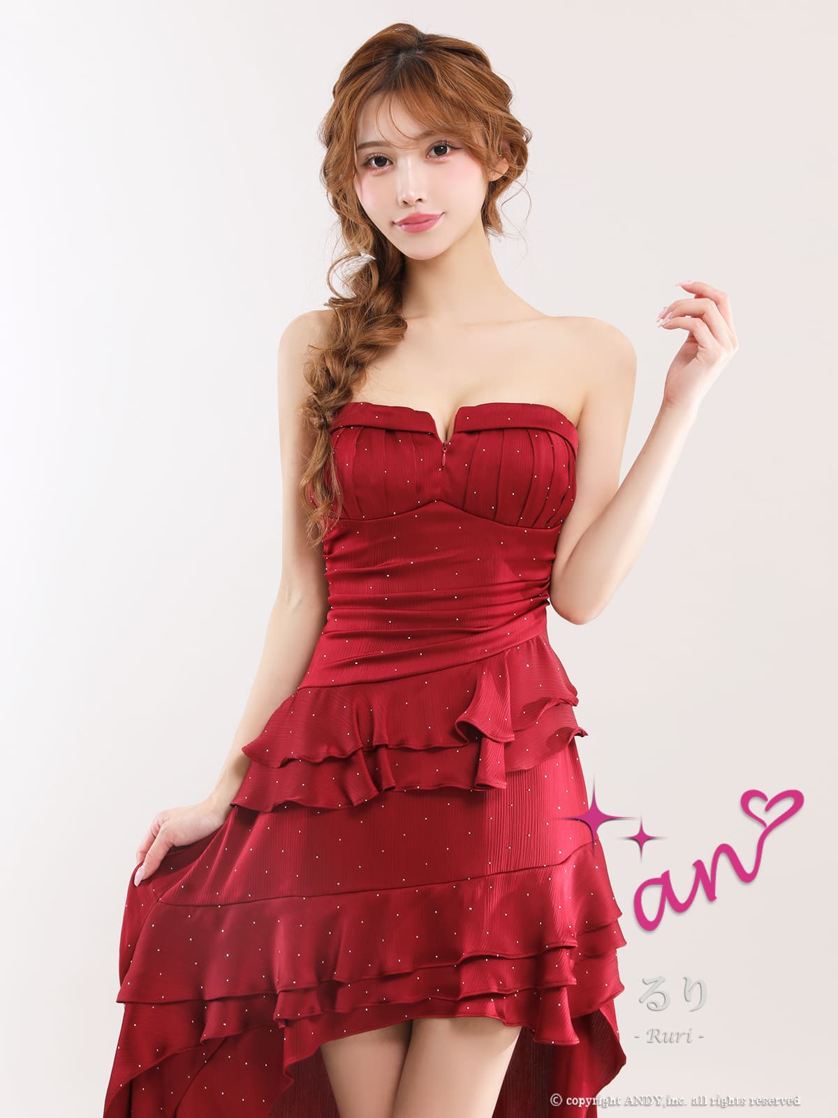 2way キャミソール ベアトップ ジップデザイン ビジュー ドット柄 フリル ティアード タック ロングテールドレスの詳細画像2