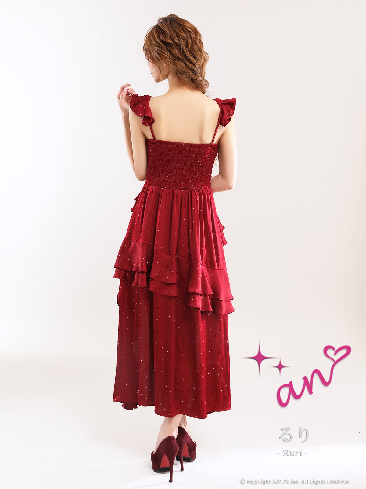 2way キャミソール ベアトップ ジップデザイン ビジュー ドット柄 フリル ティアード タック ロングテールドレスの詳細画像2