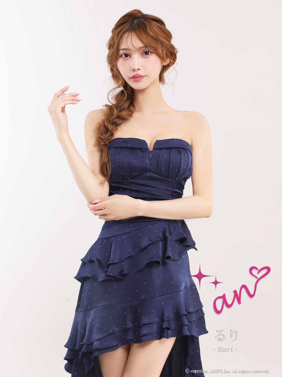 2way キャミソール ベアトップ ジップデザイン ビジュー ドット柄 フリル ティアード タック ロングテールドレスの詳細画像2