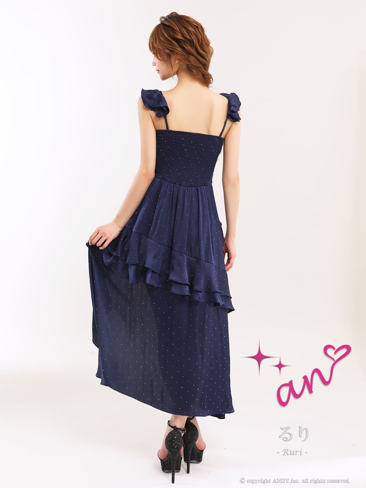 2way キャミソール ベアトップ ジップデザイン ビジュー ドット柄 フリル ティアード タック ロングテールドレスの詳細画像2