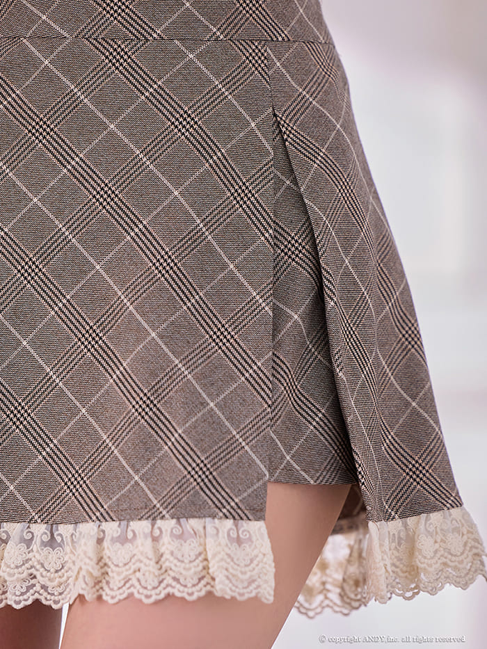 キャミソール ベアトップ セットアップ ジップデザイン チェック柄 レース フリル フレアミニドレスの詳細画像2