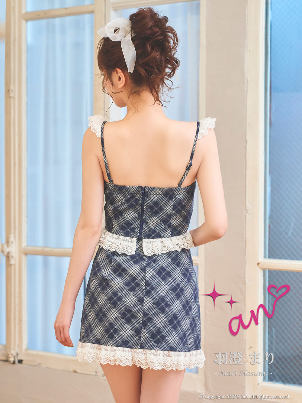 キャミソール ベアトップ セットアップ ジップデザイン チェック柄 レース フリル フレアミニドレスの詳細画像2