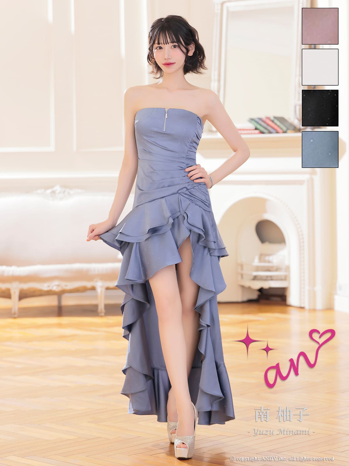 ベアトップ ジップデザイン ラインストーン ドット柄 アシンメトリー ギャザー ティアード フリル フレア ロングテールドレスのメイン画像2