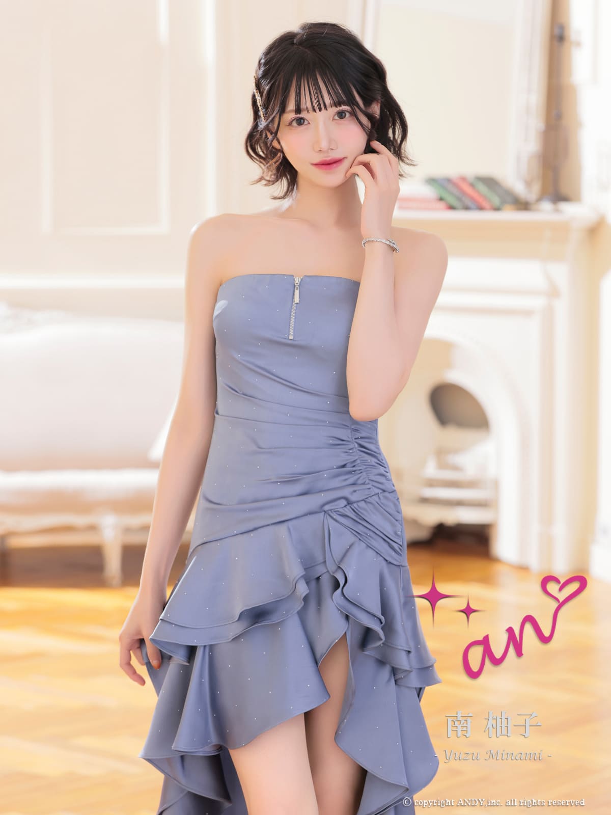 ベアトップ ジップデザイン ラインストーン ドット柄 アシンメトリー ギャザー ティアード フリル フレア ロングテールドレスの詳細画像1