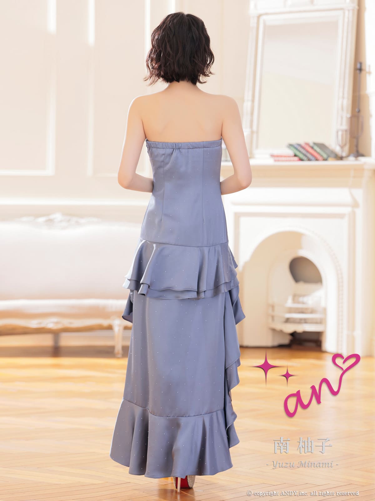 ベアトップ ジップデザイン ラインストーン ドット柄 アシンメトリー ギャザー ティアード フリル フレア ロングテールドレスの詳細画像2