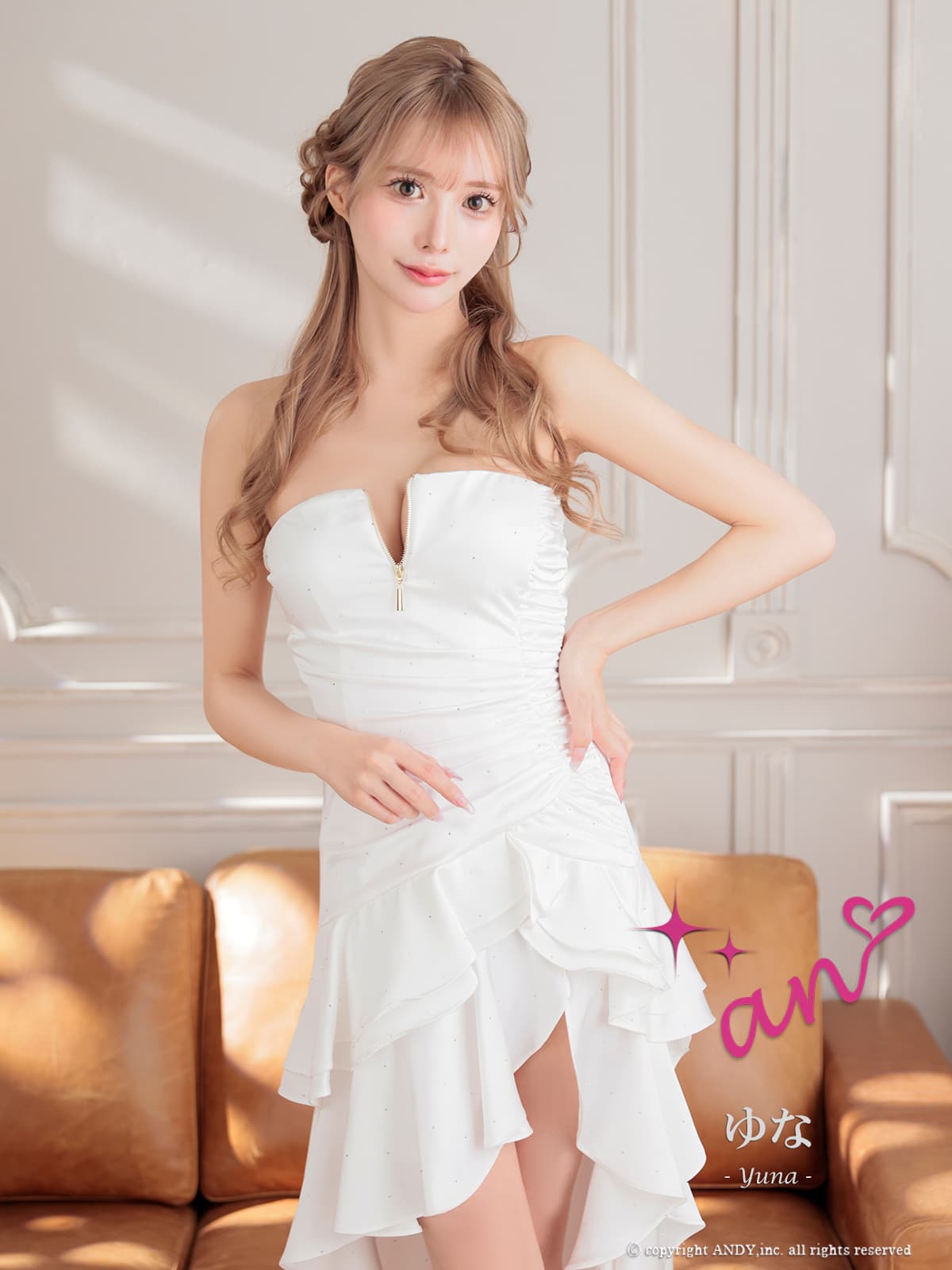 ベアトップ ジップデザイン ラインストーン ドット柄 アシンメトリー ギャザー ティアード フリル フレア ロングテールドレスの詳細画像2