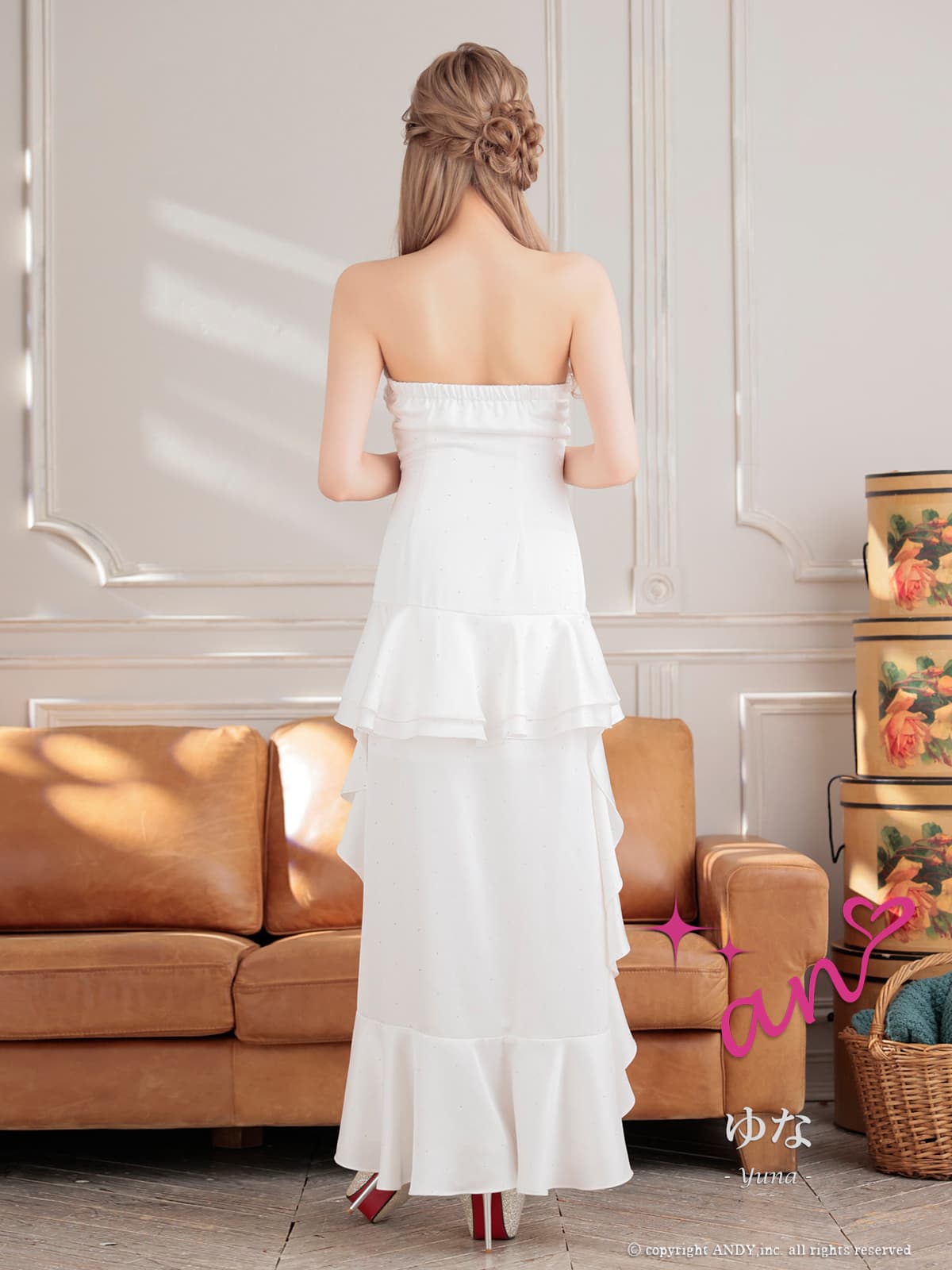 ベアトップ ジップデザイン ラインストーン ドット柄 アシンメトリー ギャザー ティアード フリル フレア ロングテールドレスの詳細画像2