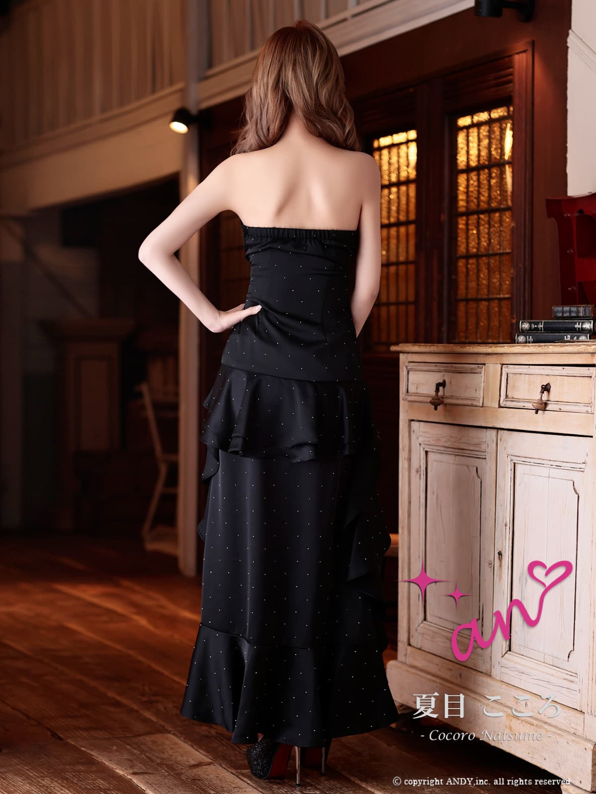 ベアトップ ジップデザイン ラインストーン ドット柄 アシンメトリー ギャザー ティアード フリル フレア ロングテールドレスの詳細画像2