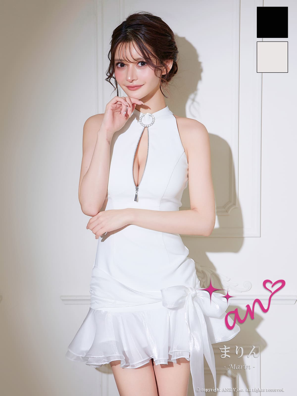 ホルターネック ジップデザイン ビジュー 裾フリル リボン タイトミニドレスのメイン画像1