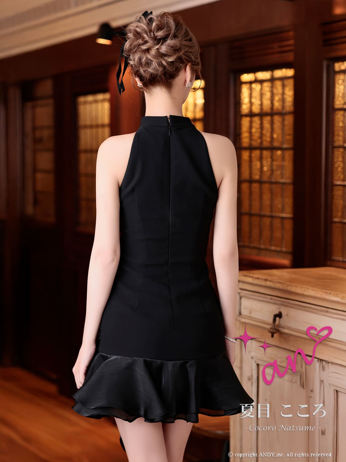 ホルターネック ジップデザイン ビジュー 裾フリル リボン タイトミニドレスの詳細画像2