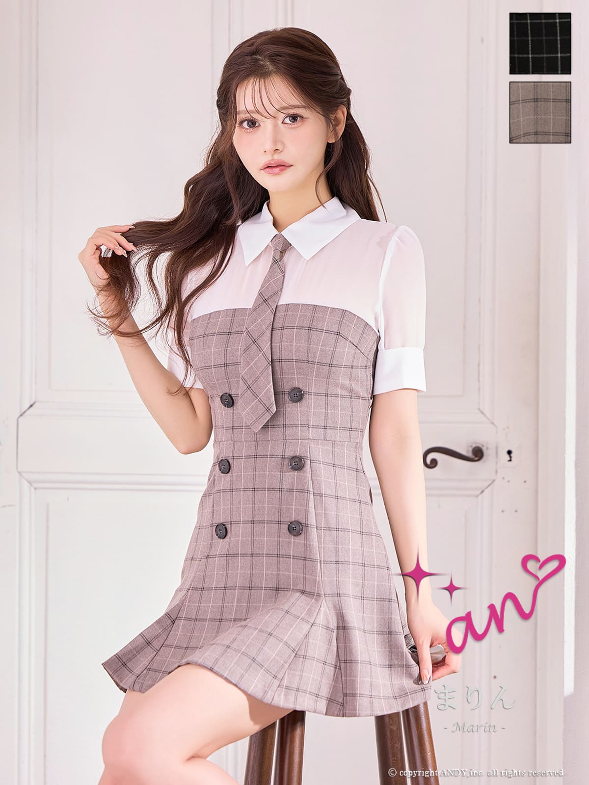 半袖 チェック柄 シースルー シャツ風 襟デザイン ボタン ネクタイ フレアミニドレスのメイン画像1