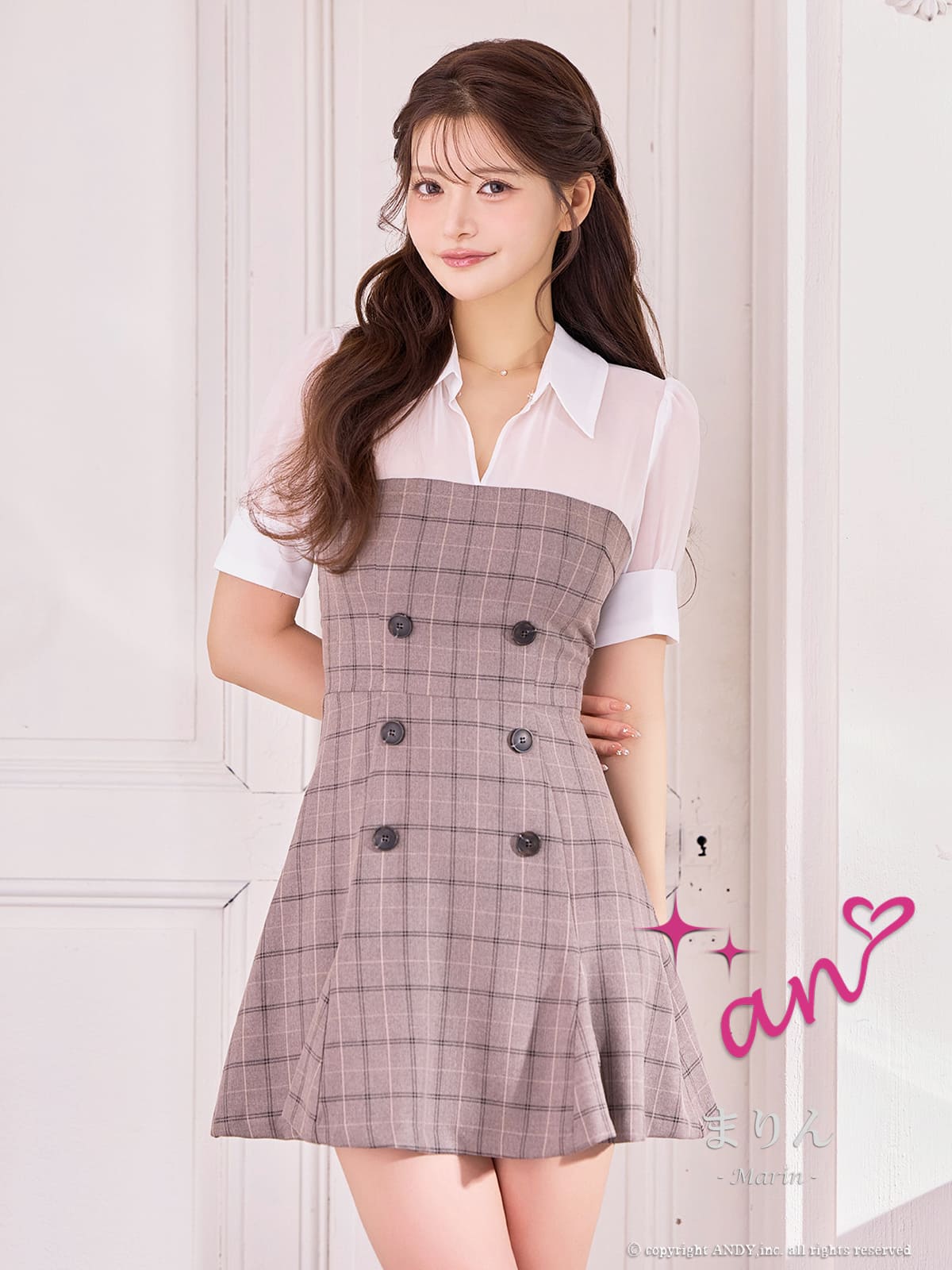 半袖 チェック柄 シースルー シャツ風 襟デザイン ボタン ネクタイ フレアミニドレスのメイン画像1