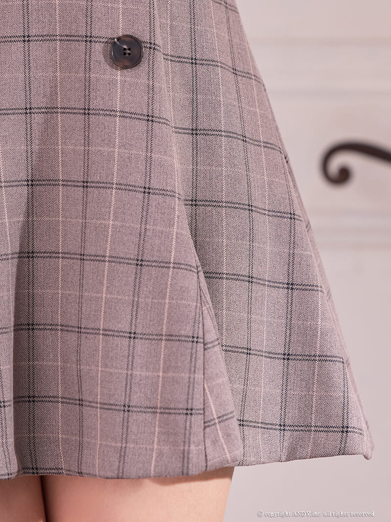 半袖 チェック柄 シースルー シャツ風 襟デザイン ボタン ネクタイ フレアミニドレスの詳細画像2