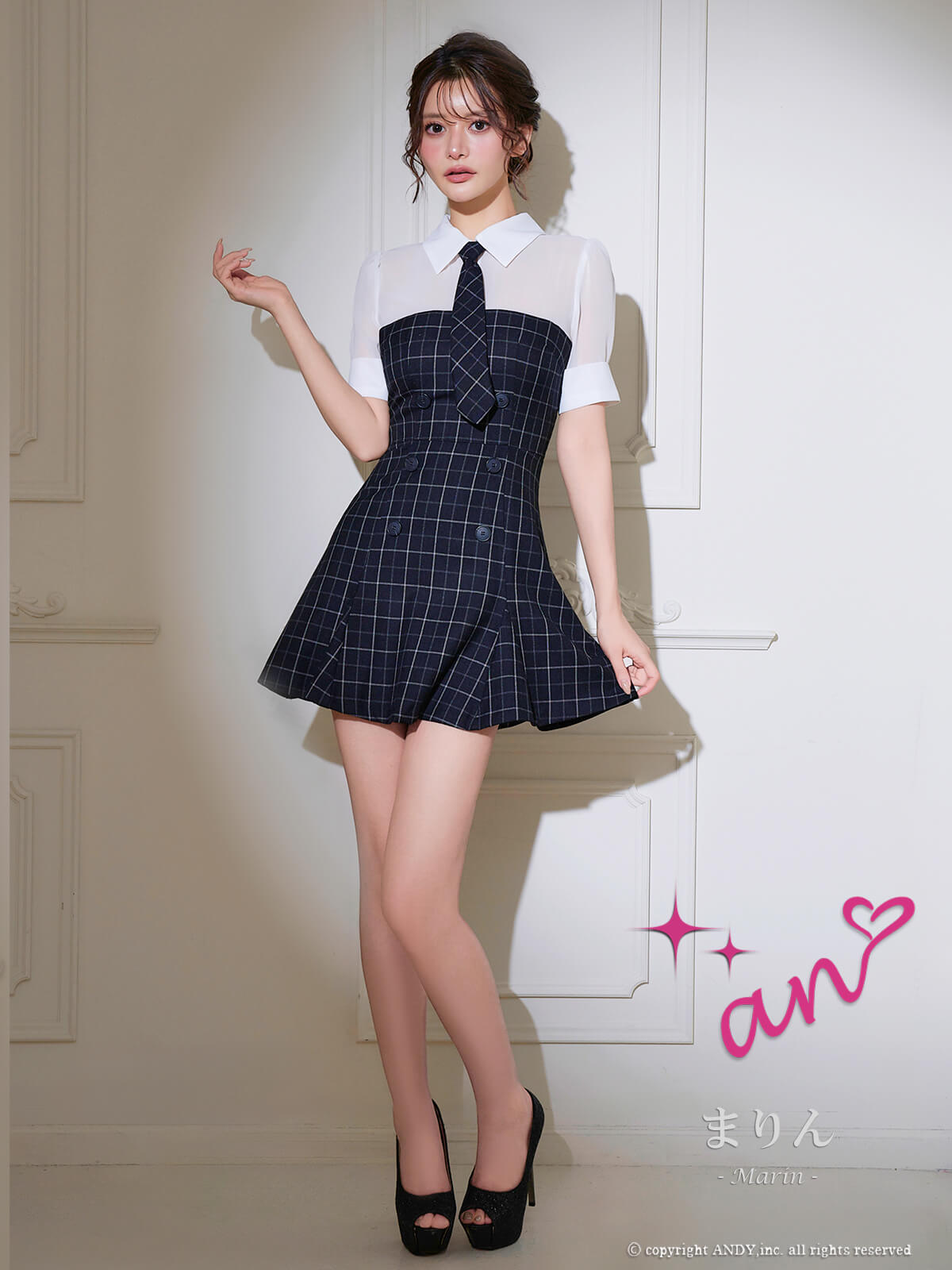 半袖 チェック柄 シースルー シャツ風 襟デザイン ボタン ネクタイ フレアミニドレスの詳細画像2