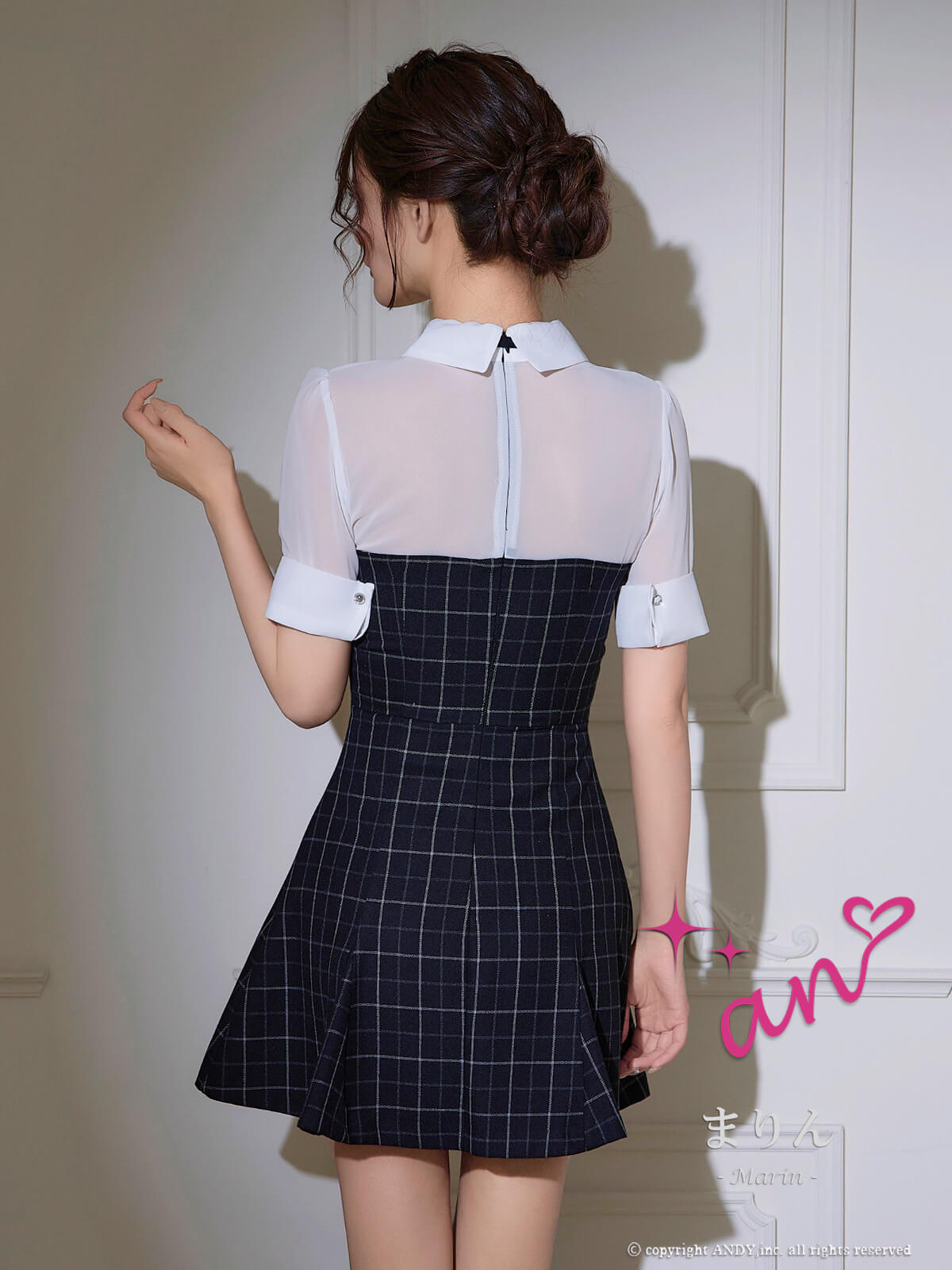 半袖 チェック柄 シースルー シャツ風 襟デザイン ボタン ネクタイ フレアミニドレスの詳細画像2