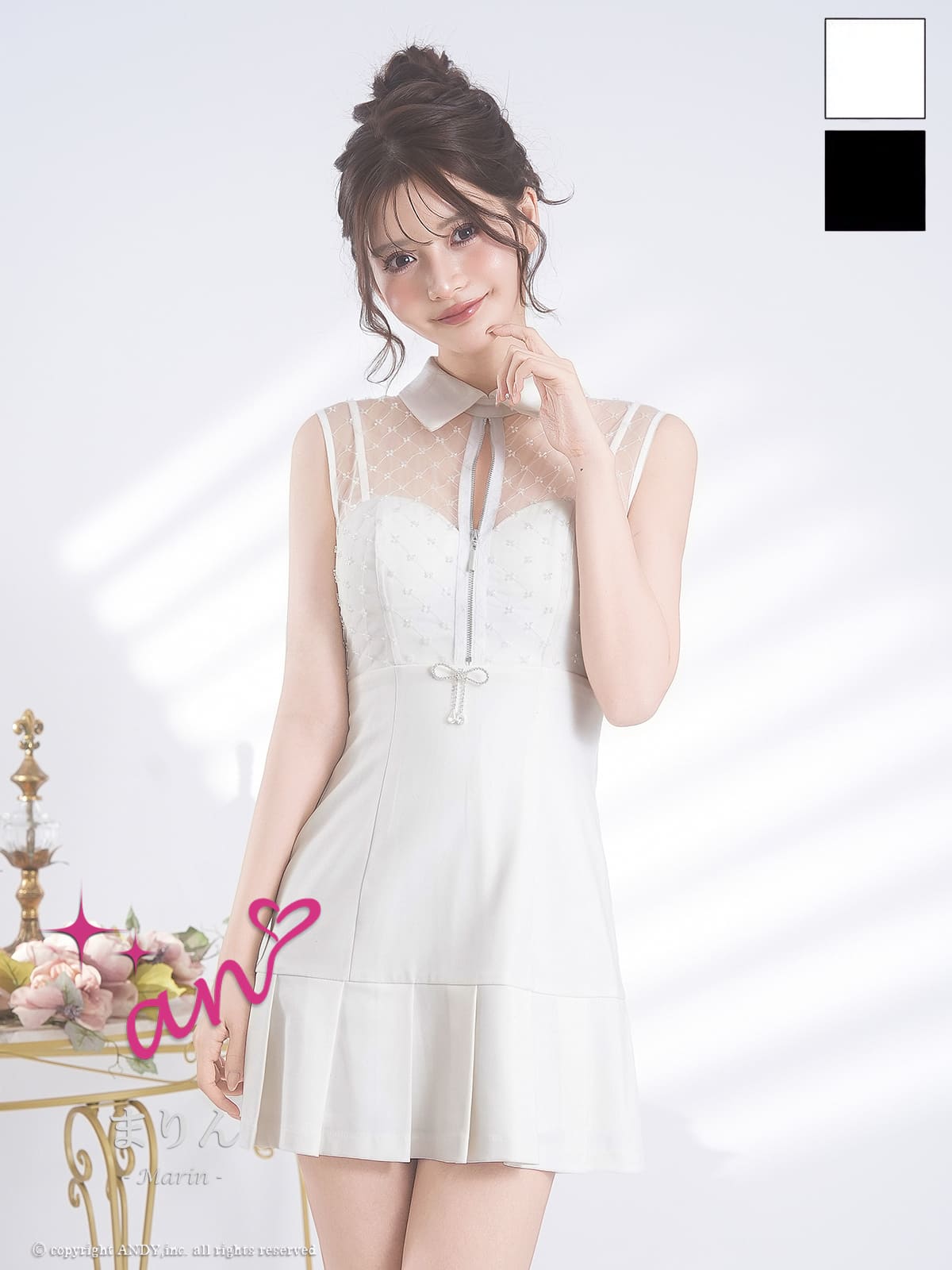 ノースリーブ ジップデザイン チェック柄 襟付き リボン シースルー プリーツ フレアミニドレスのメイン画像1