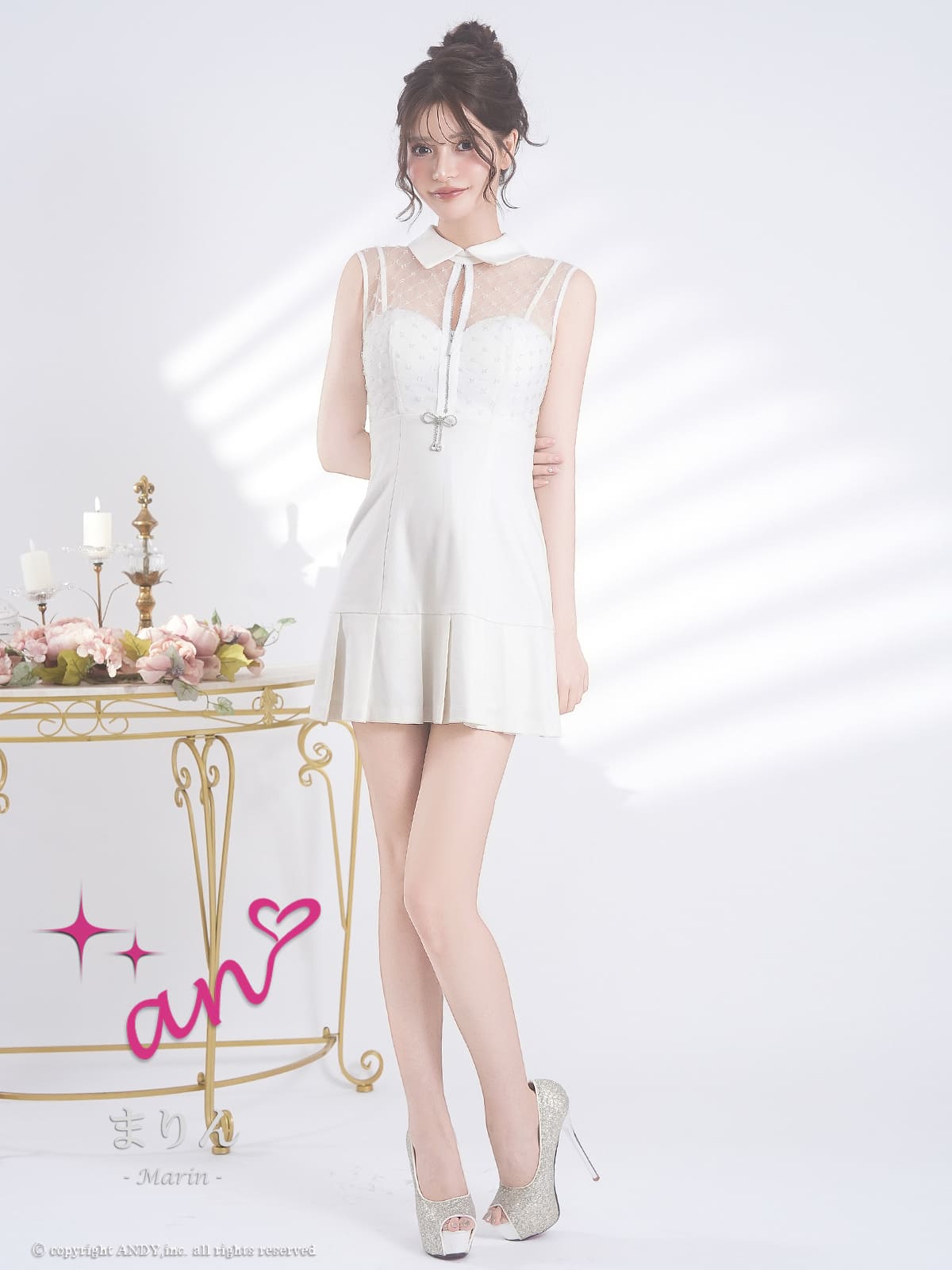 ノースリーブ ジップデザイン チェック柄 襟付き リボン シースルー プリーツ フレアミニドレスの詳細画像2