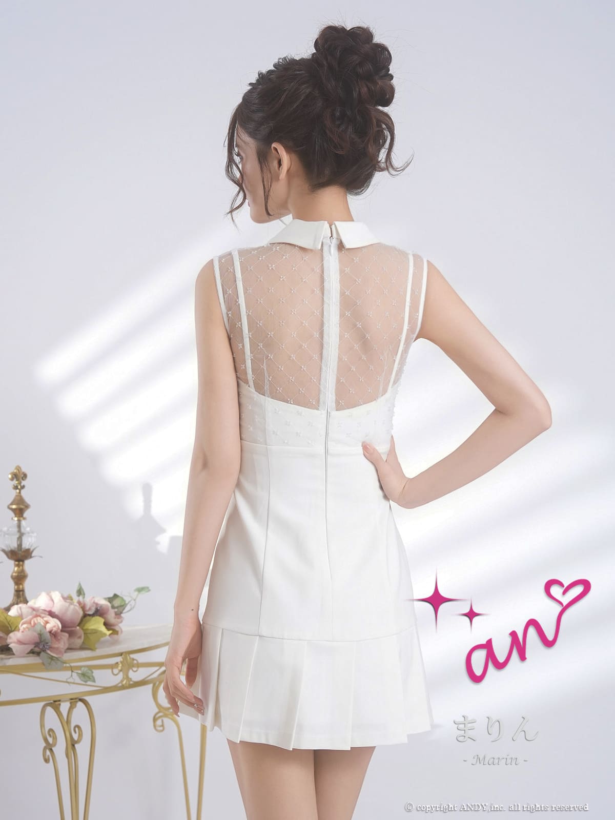 ノースリーブ ジップデザイン チェック柄 襟付き リボン シースルー プリーツ フレアミニドレスの詳細画像2