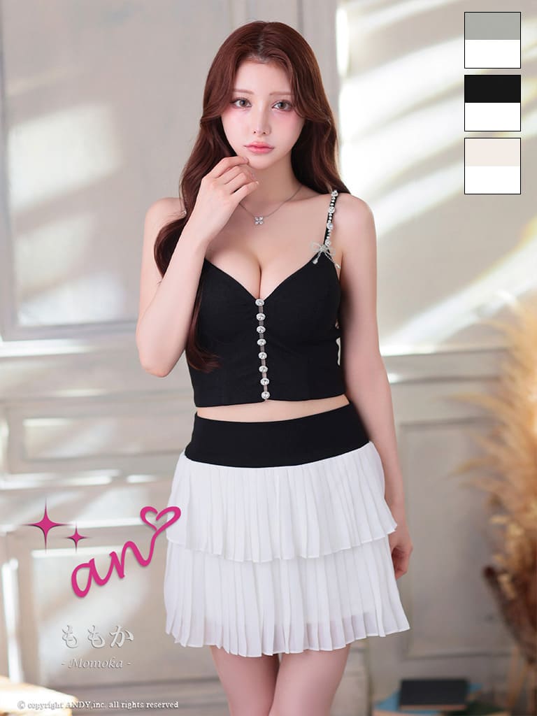 キャミソール セットアップ バイカラー ビジュー ボタン リボン ティアード フリル フレアミニドレスのメイン画像1