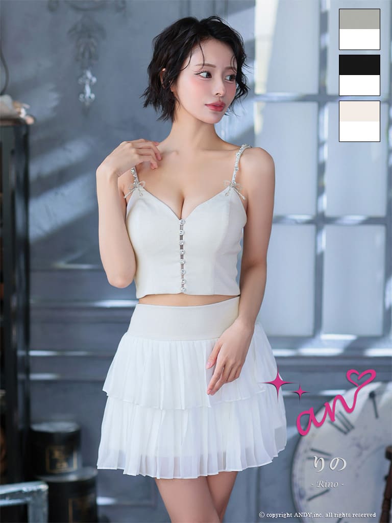 キャミソール セットアップ バイカラー ビジュー ボタン リボン ティアード フリル フレアミニドレスのメイン画像1