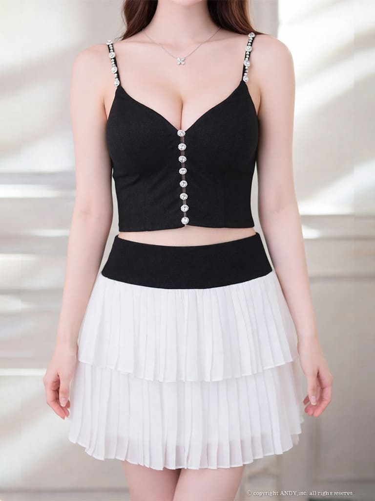 キャミソール セットアップ バイカラー ビジュー ボタン リボン ティアード フリル フレアミニドレスの全身バック画像1