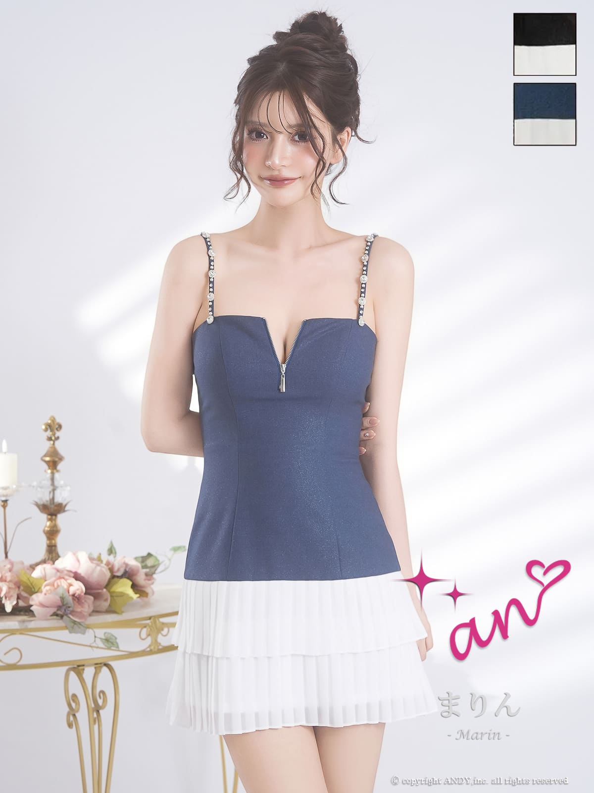 キャミソール ジップデザイン ビジュー バイカラー ティアード プリーツ フレアミニドレスのメイン画像1