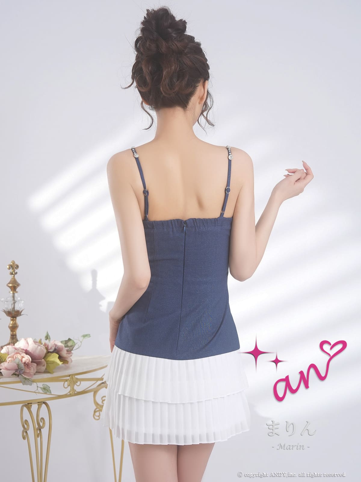 キャミソール ジップデザイン ビジュー バイカラー ティアード プリーツ フレアミニドレスの詳細画像2