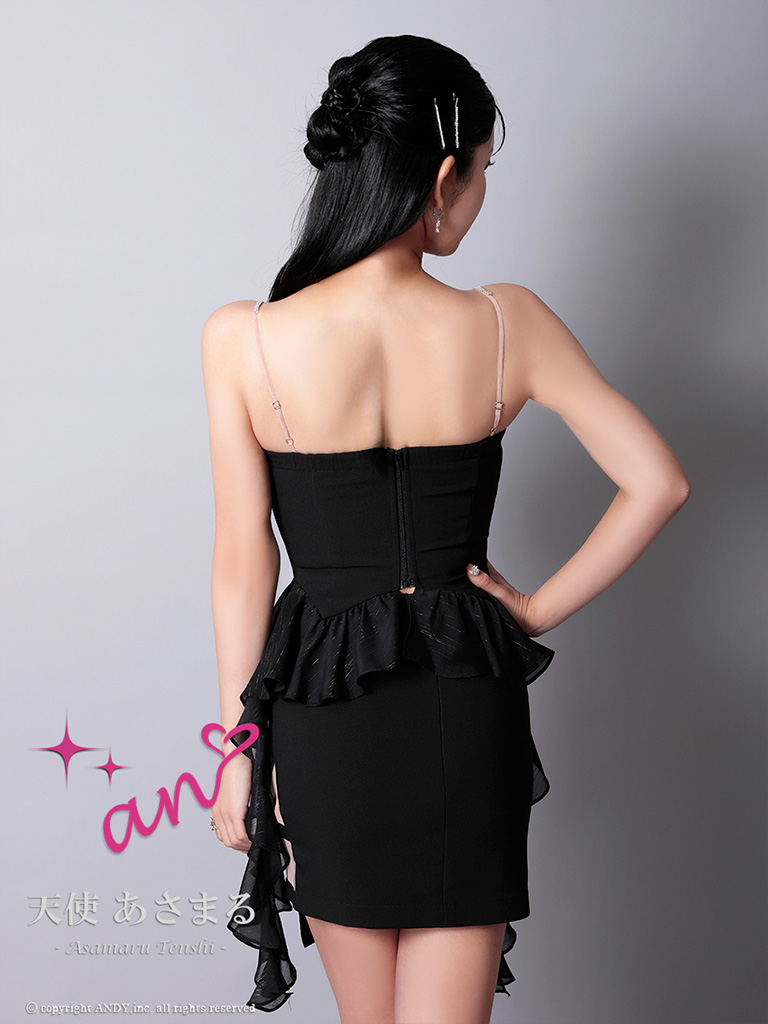 キャミソール セットアップ フリル ビジュー リボン シースルー コルセット風 タイトミニドレスの詳細画像1