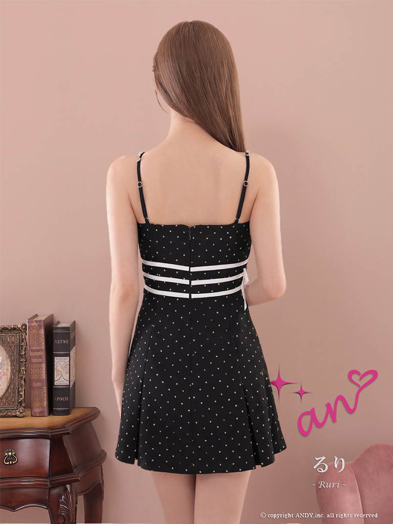 キャミソール ジップデザイン ドット柄 フリル リボン ライン ビジュー フレアミニドレスの全身バック画像1