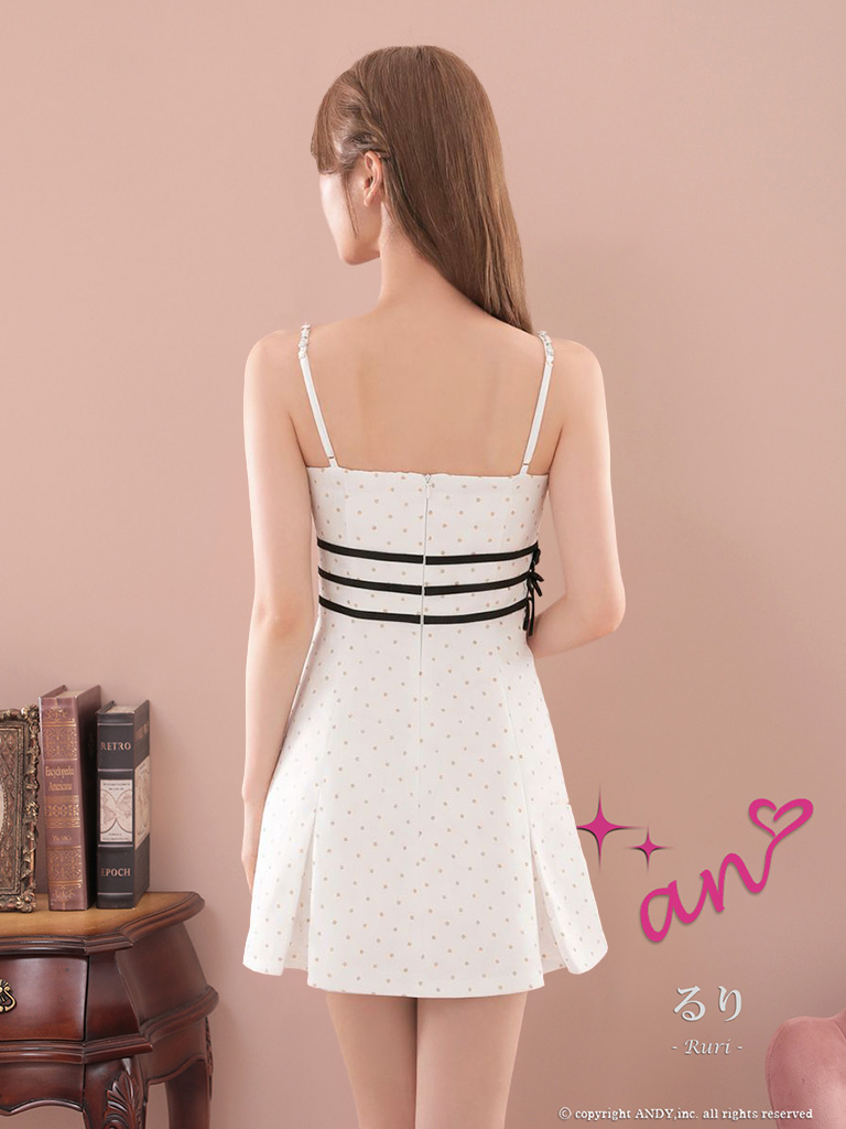 キャミソール ジップデザイン ドット柄 フリル リボン ライン ビジュー フレアミニドレスの全身バック画像2