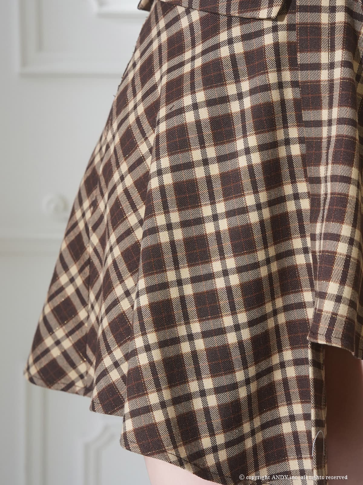 ノースリーブ セットアップ チェック柄 パール ボタン 襟付き アシンメトリー フレアミニドレスの詳細画像2