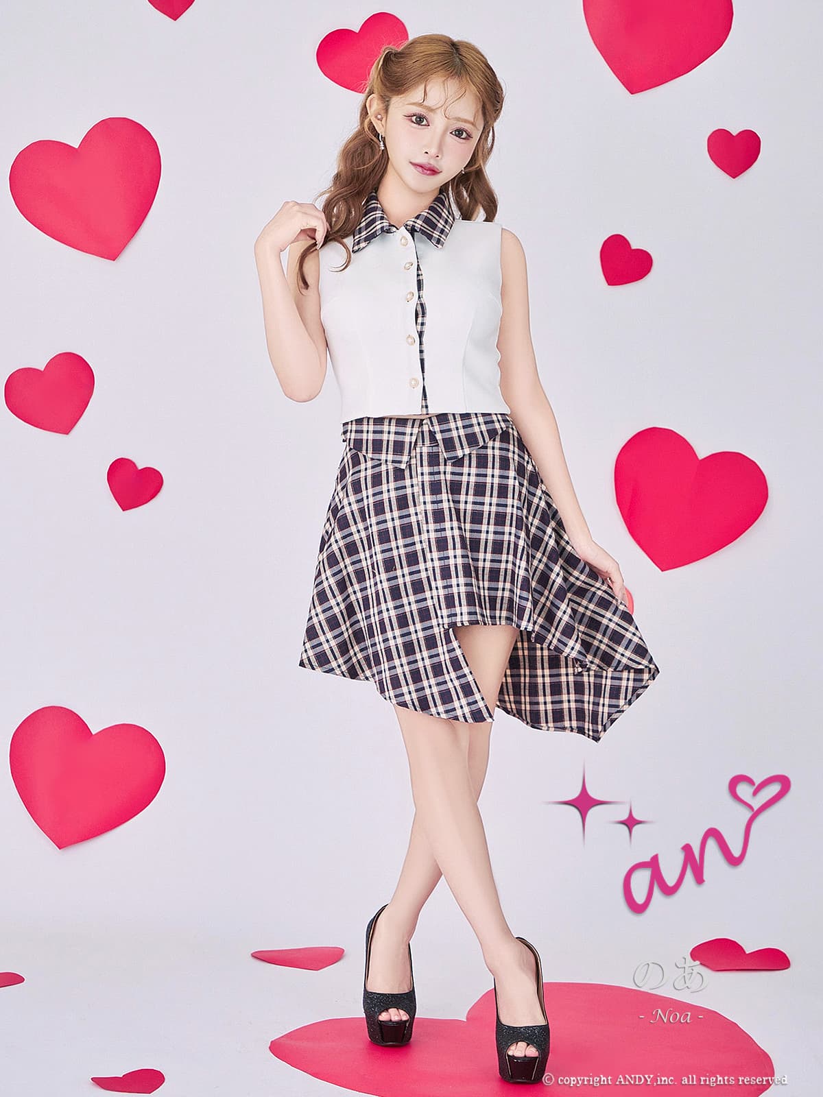 ノースリーブ セットアップ チェック柄 パール ボタン 襟付き アシンメトリー フレアミニドレスの詳細画像2