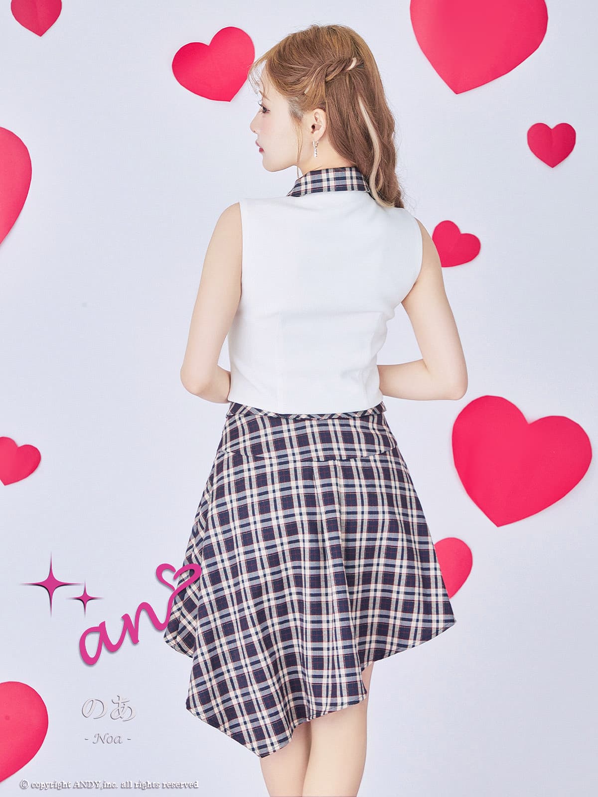 ノースリーブ セットアップ チェック柄 パール ボタン 襟付き アシンメトリー フレアミニドレスの詳細画像2