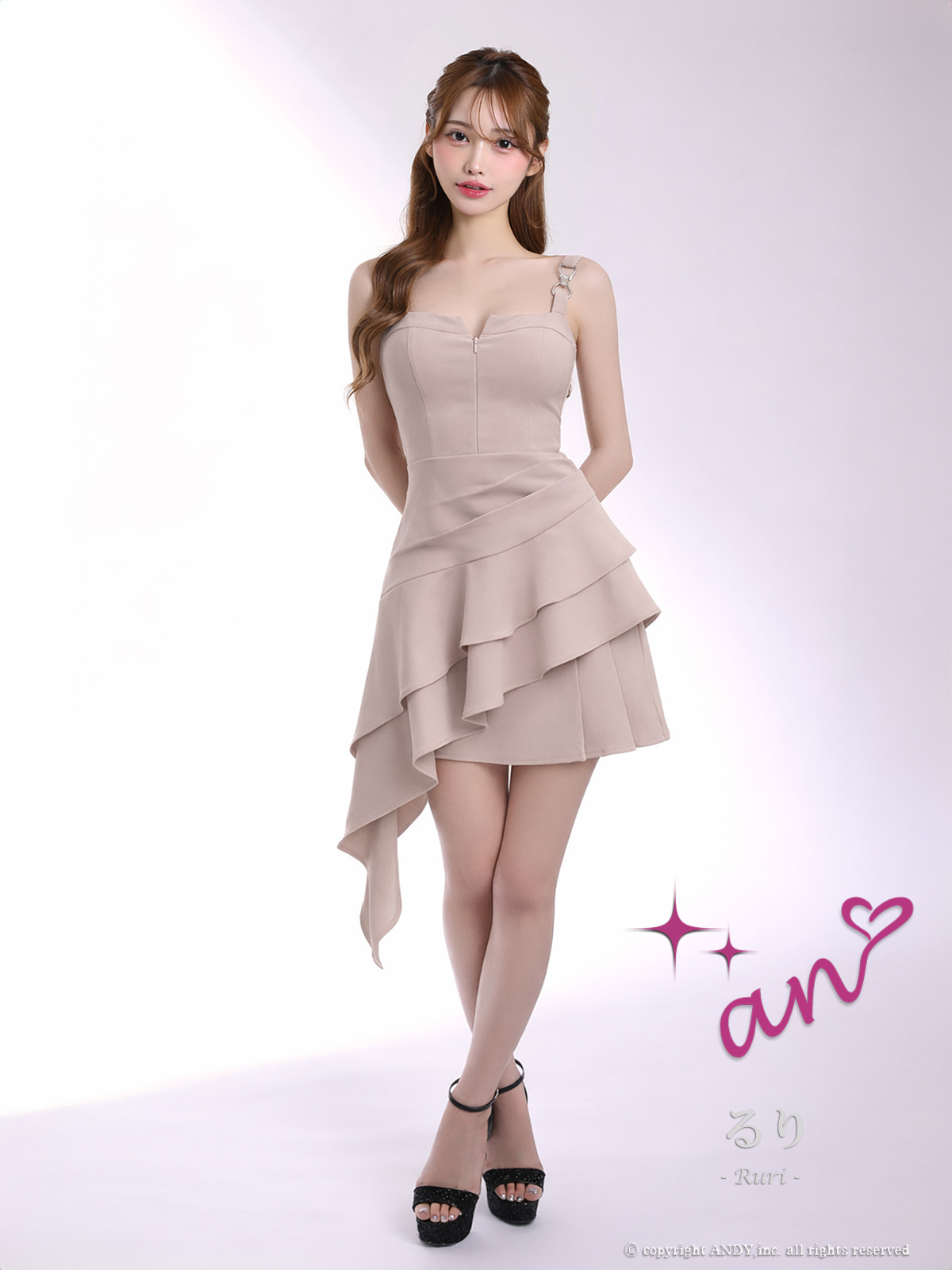 ノースリーブ ジップデザイン チェーン プリーツ アシンメトリー フリル フレアミニドレスの詳細画像2