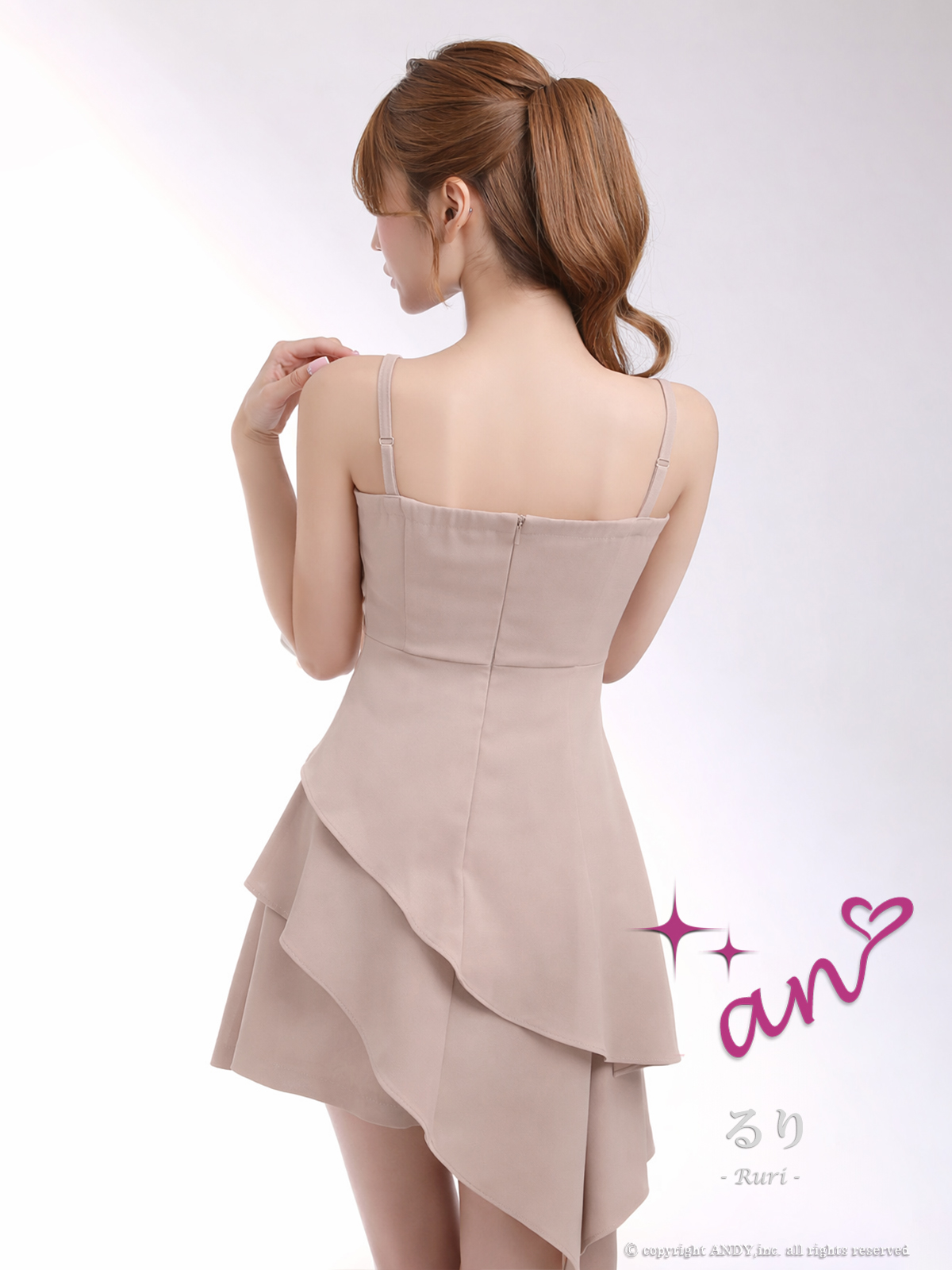 ノースリーブ ジップデザイン チェーン プリーツ アシンメトリー フリル フレアミニドレスの詳細画像2