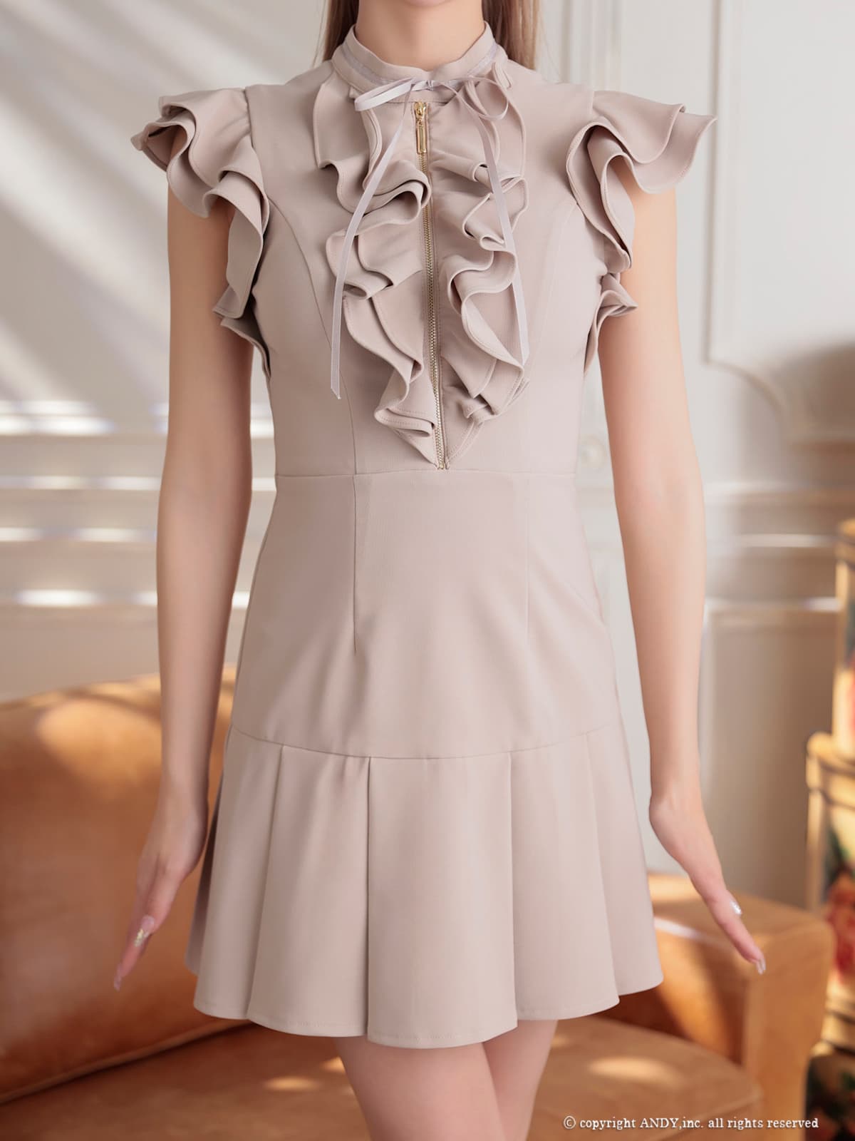 ノースリーブ ジップデザイン フリル プリーツ リボン フレアミニドレスの詳細画像1