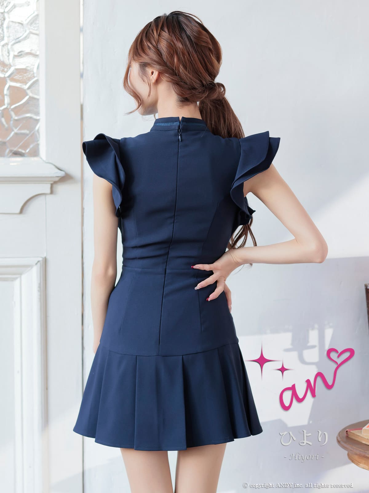 ノースリーブ ジップデザイン フリル プリーツ リボン フレアミニドレスの詳細画像2