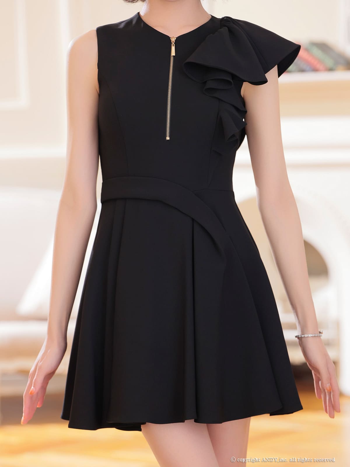 ノースリーブ ジップデザイン フリル ウエストマーク アシンメトリー フレアミニドレスの詳細画像1