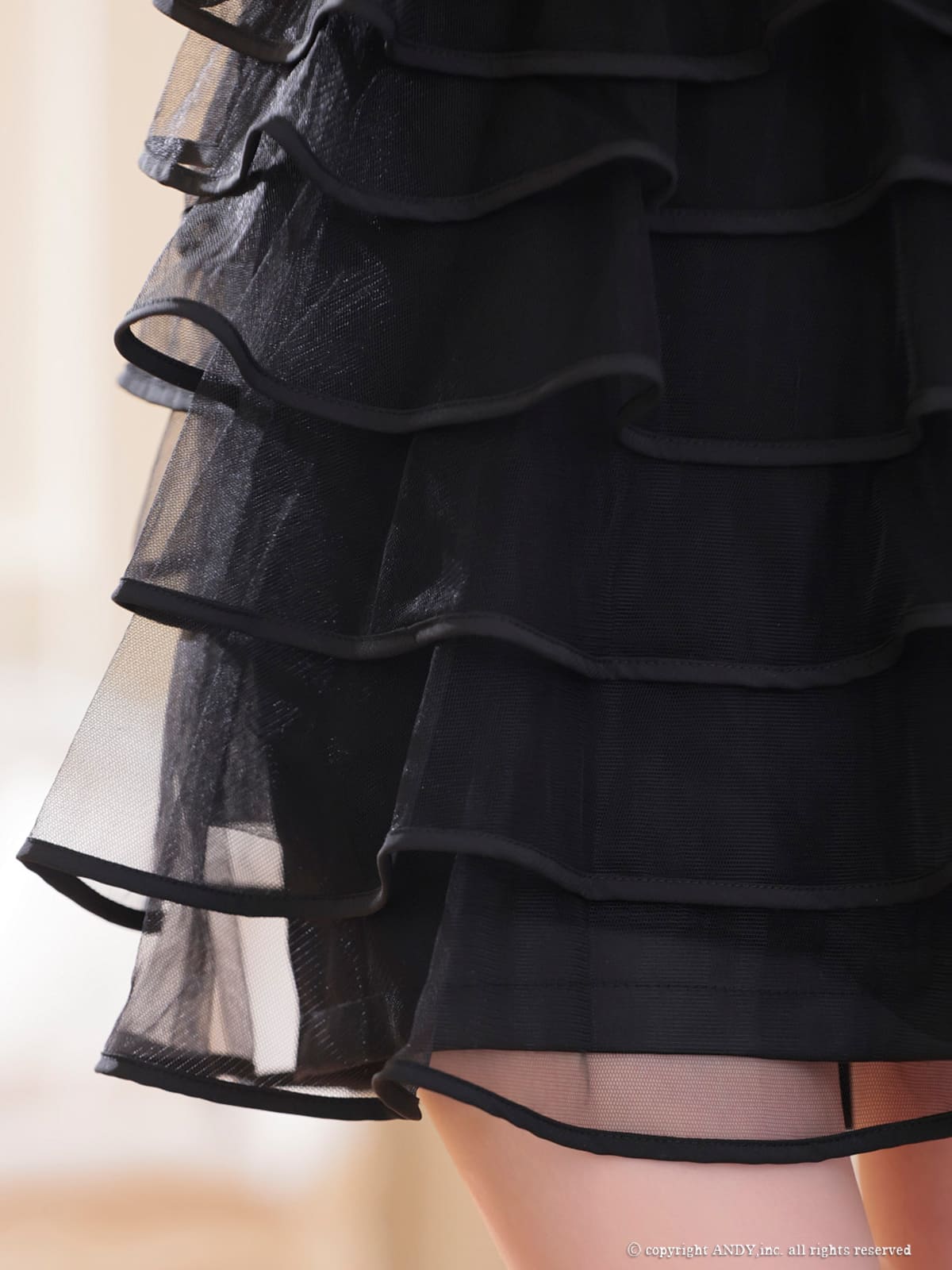 ホルターネック ジップデザイン チュール ティアード フリル フレアミニドレスの詳細画像2