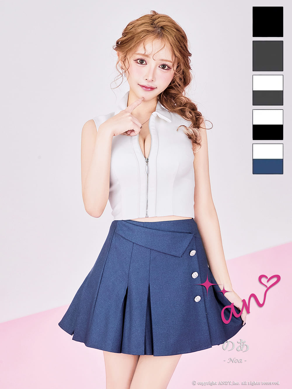 ノースリーブ セットアップ ジップデザイン 襟付き プリーツ ボタン フレアミニドレスのメイン画像1